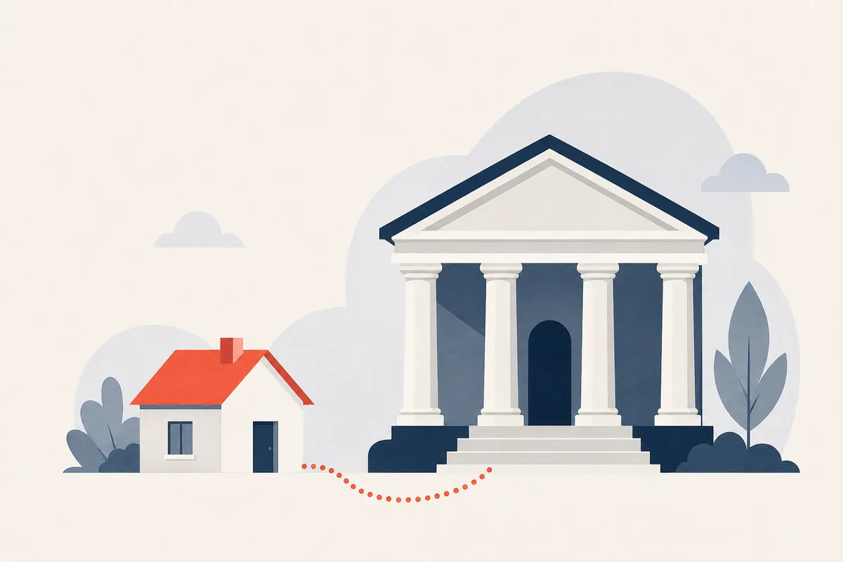 Une banque et une maison reliées par un chemin