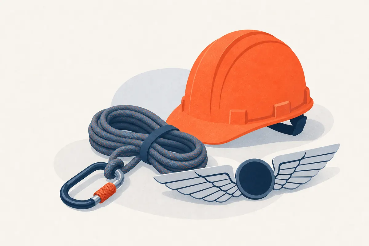 Un casque de chantier, une corde d'escalade et des ailes de pilote