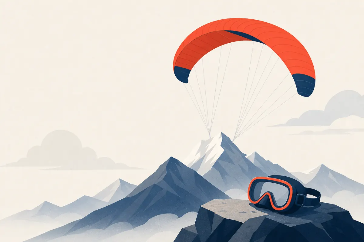 Une voile de parapente au-dessus des sommets et un masque de plongée