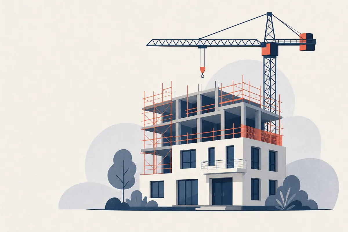 Un immeuble en construction avec une grue