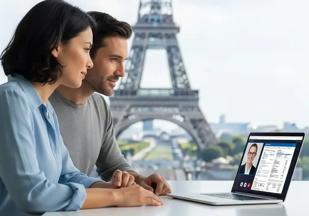 Couple d’expatriés discutant avec un conseiller en assurance emprunteur depuis l’étranger