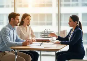 Jeune couple primo-accédant signant une assurance emprunteur pour leur premier achat immobilier.