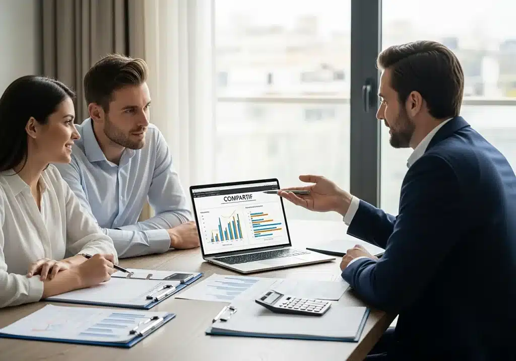 Couple qui compare son assurance emprunteur lors d’un rachat de crédit avec un conseiller financier dans un appartement moderne