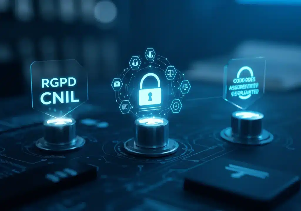 Représentation visuelle du cadre juridique de la protection des données en assurance : RGPD, CNIL et Code des assurances reliés par un réseau sécurisé