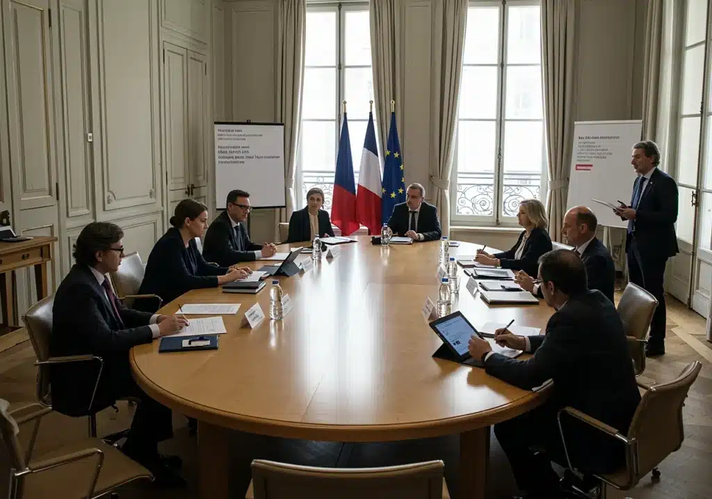 Salle de réunion du ministère de l’Économie à Paris avec silhouettes professionnelles discutant autour d’une table moderne, symbolisant le rôle consultatif du CCSF dans la régulation de l’assurance emprunteur.