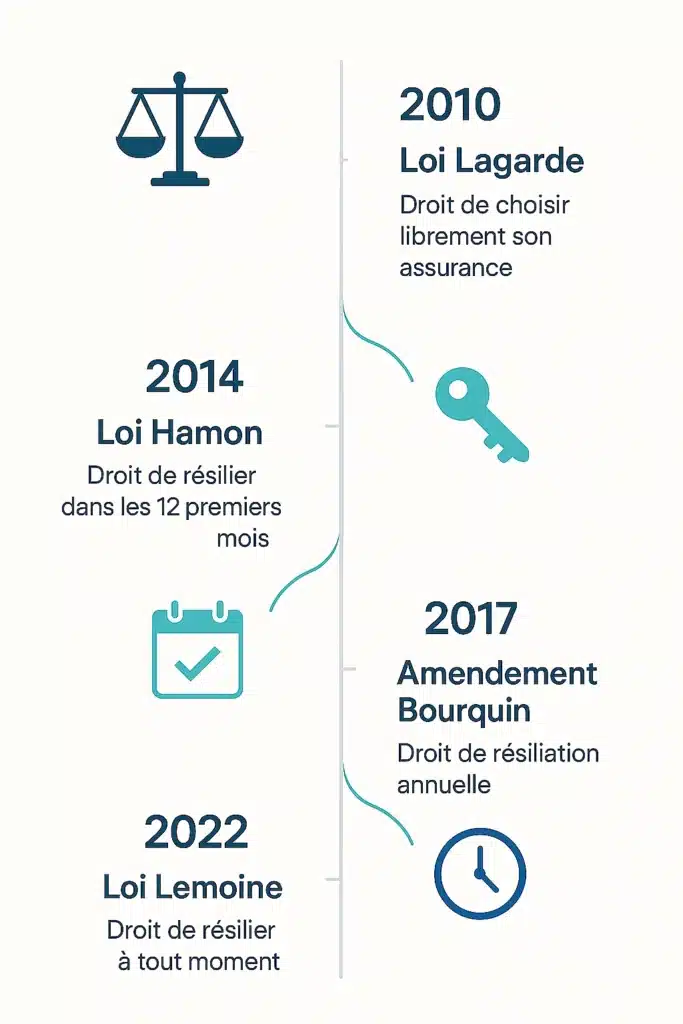Infographie verticale claire présentant la chronologie des réformes françaises de l’assurance emprunteur de 2010 à 2022