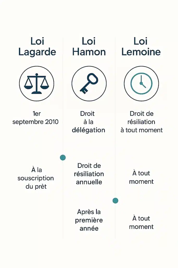 Infographie comparative des lois Lagarde, Hamon et Lemoine sur l’assurance emprunteur.