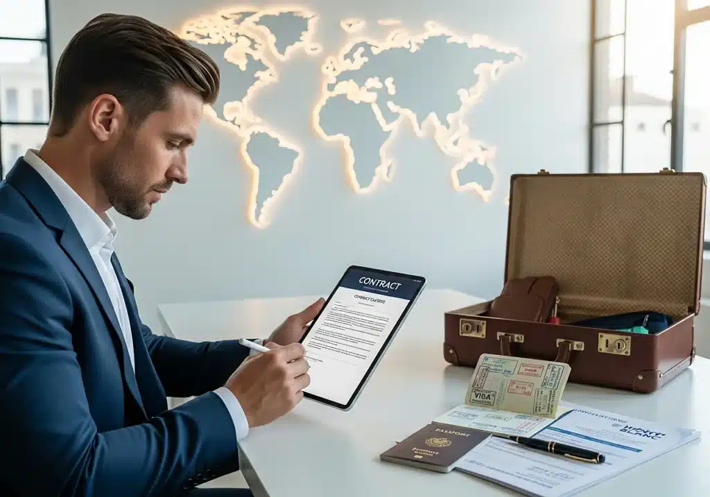 Expatrié finalisant une assurance emprunteur en ligne depuis l’étranger