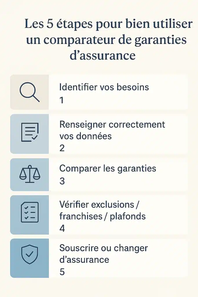 Infographie en français présentant les étapes pour utiliser un comparateur de garanties d’assurance