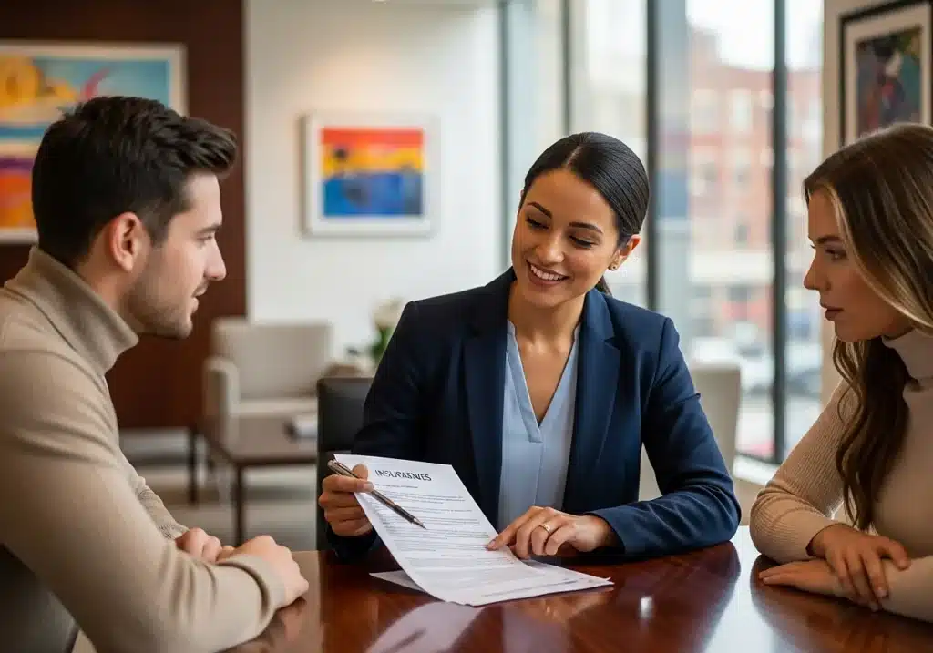 Conseiller financier expert présentant des solutions d’assurance emprunteur à un couple autour d’un dossier
