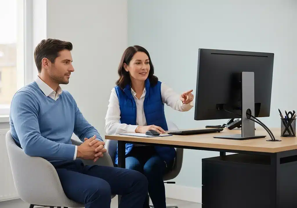 Emprunteur qui se fait expliquer le regroupement de crédits et la nouvelle assurance emprunteur par un conseiller