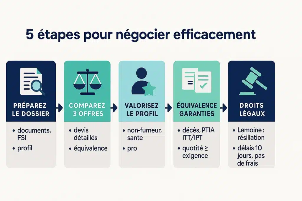 Infographie en 5 étapes pour négocier efficacement son assurance emprunteur : préparation du dossier, comparaison des offres, valorisation du profil, équivalence des garanties et rappel des droits légaux