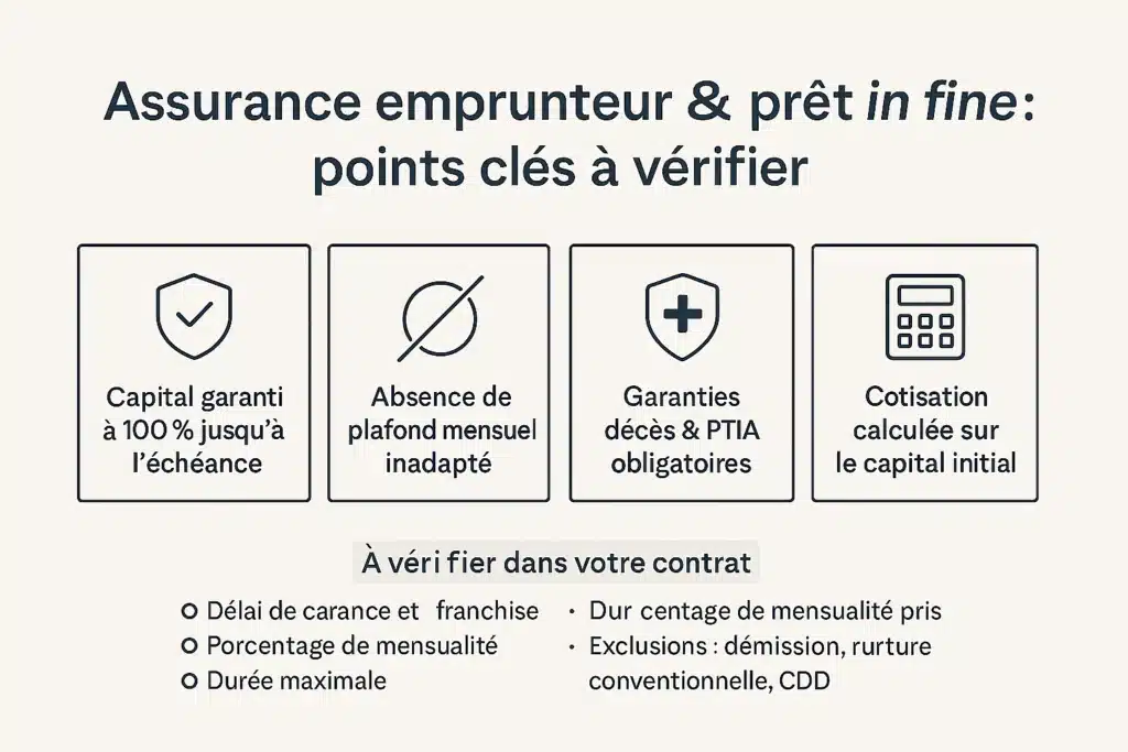 Infographie en français présentant les points clés à vérifier pour une assurance emprunteur dans le cadre d’un prêt in fine : capital garanti, absence de plafond mensuel, garanties décès et PTIA, cotisation sur capital initial.