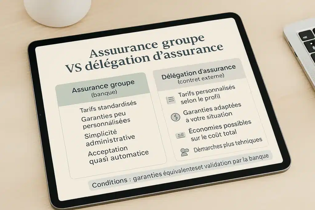Infographie en français comparant l’assurance groupe proposée par les banques et la délégation d’assurance, avec les avantages de chaque option et un rappel des conditions d’équivalence exigées par la banque.