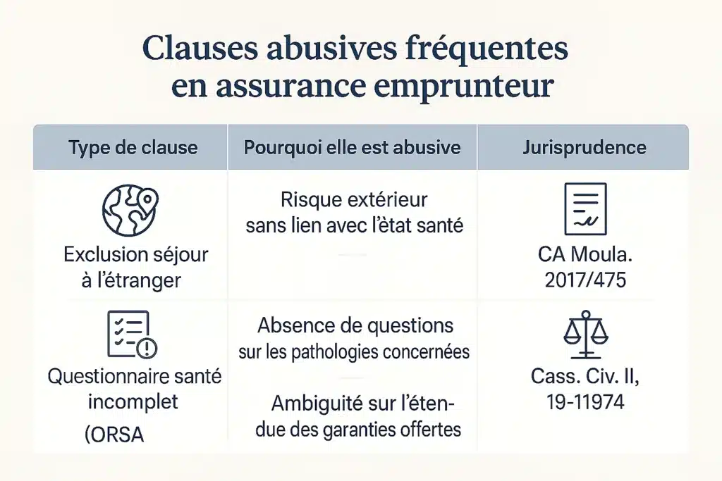 Infographie en français présentant les clauses abusives courantes en assurance emprunteur et leur jurisprudence