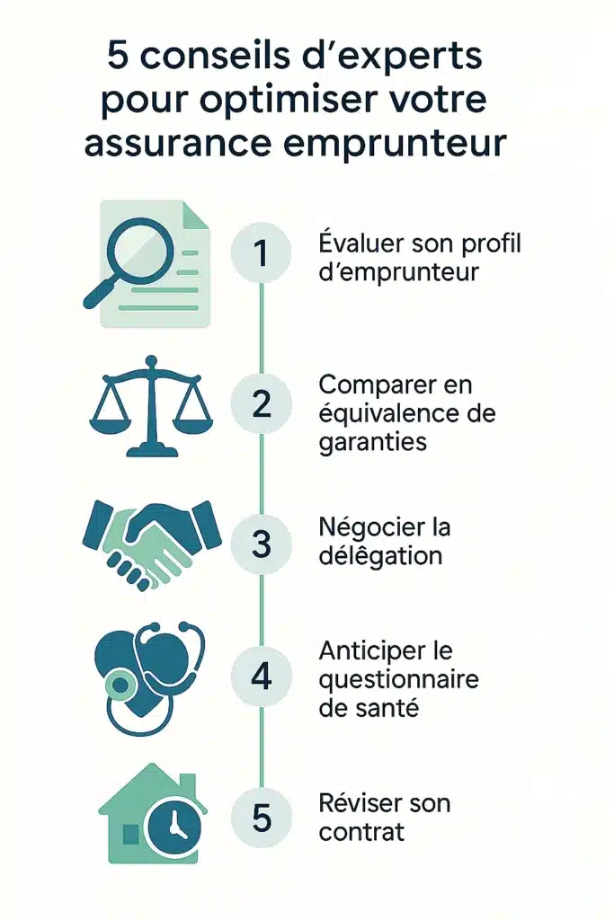 Infographie en 5 étapes illustrant les conseils d’experts pour bien choisir son assurance emprunteur.