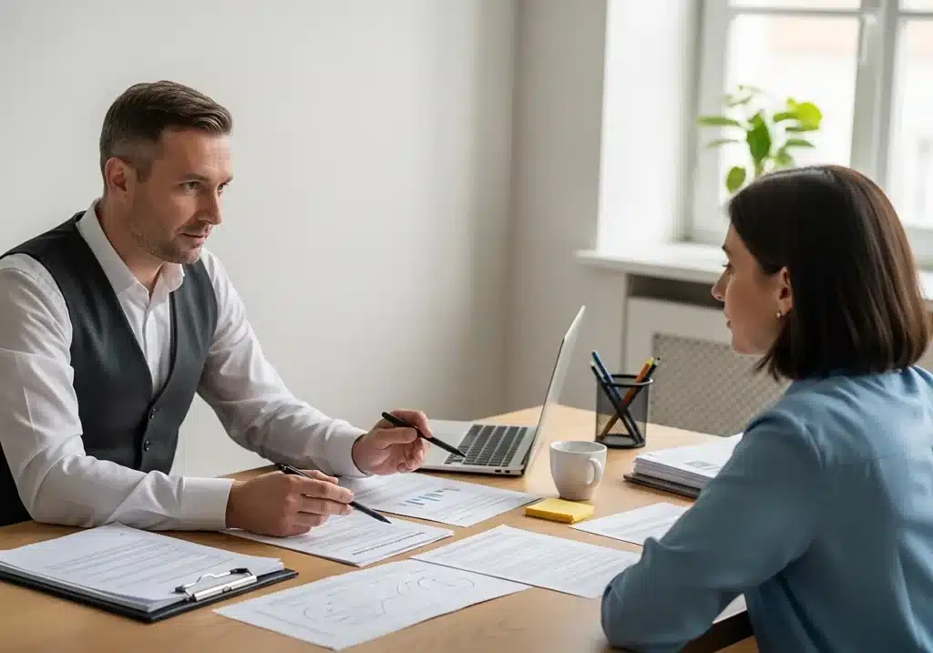 Conseiller expliquant les obligations d’information et de conseil en assurance emprunteur à un client