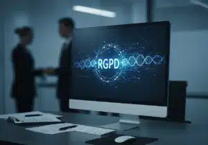 Illustration moderne d’un dossier d’assurance sécurisé sous le RGPD, cadenas numérique et fichiers confidentiels protégés par la CNIL, fond institutionnel bleu clair