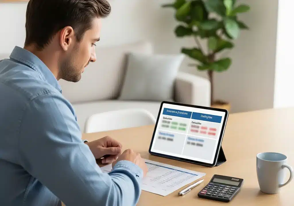 Homme utilisant un simulateur de franchise d’assurance pour comparer primes et niveaux de franchise