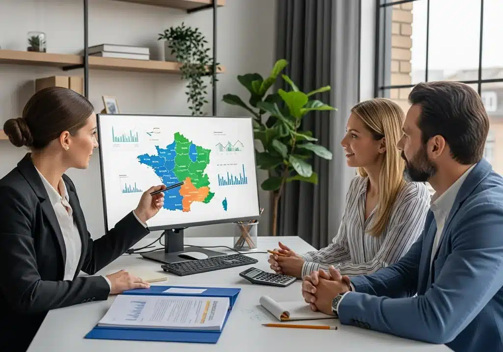Conseillère expliquant un baromètre de taux immobilier par région sur une carte de France à un couple