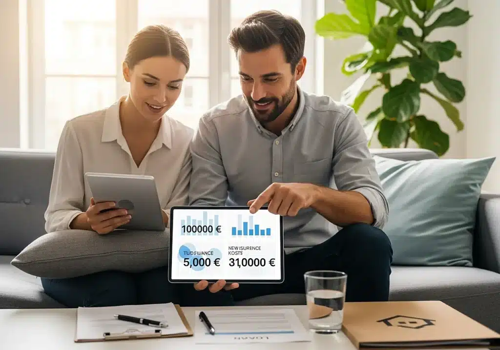 Jeunes cadres découvrant sur une tablette les économies réalisées grâce au changement d’assurance emprunteur
