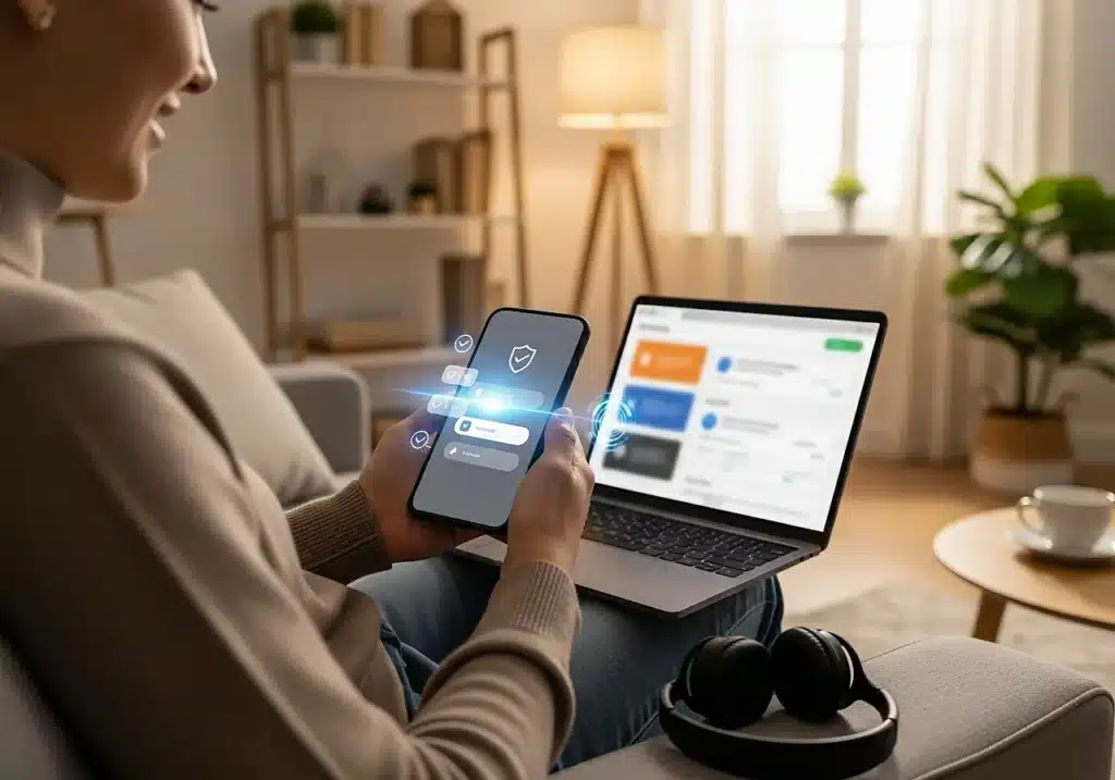 Emprunteur assis sur son canapé souscrivant une assurance emprunteur 100 % en ligne via smartphone et ordinateur portable