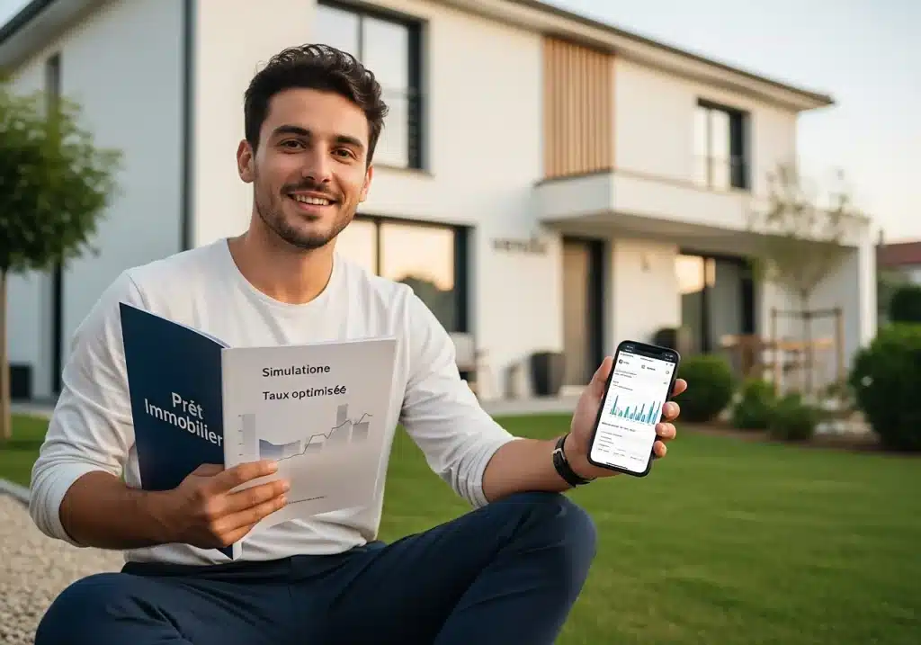 Emprunteur heureux devant sa nouvelle maison après avoir obtenu un meilleur taux immobilier régional