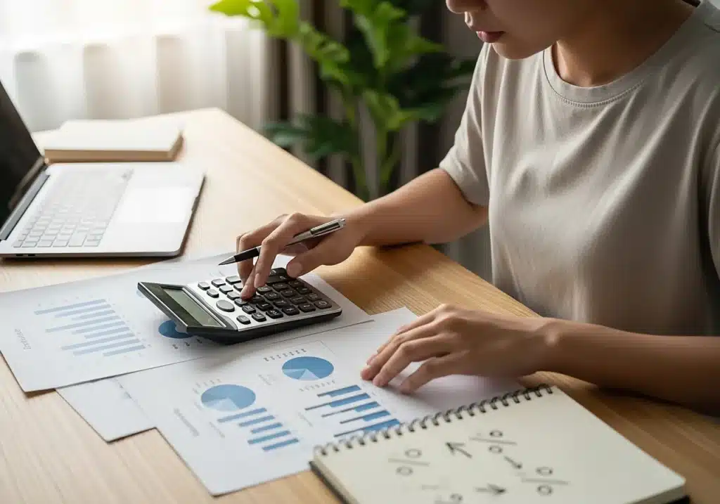 Emprunteur analysant sur des documents le coût total de son crédit immobilier et de l’assurance emprunteur avec graphiques et calculatrice